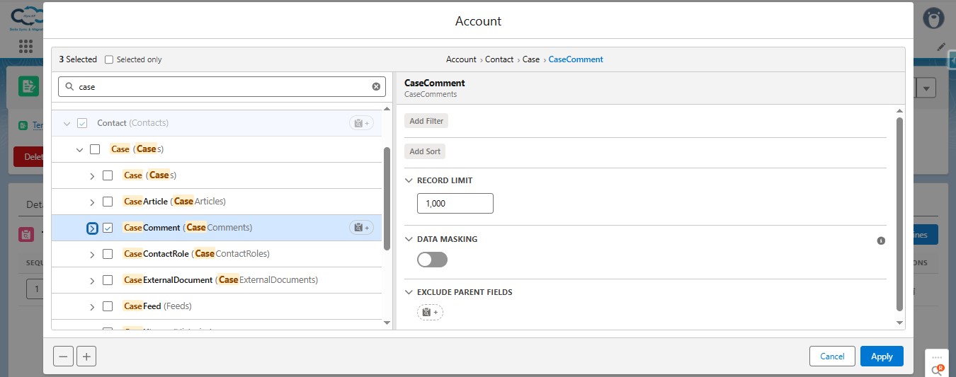 iSyncSF child object configurator showing 5-level deep Salesforce relationship hierarchy